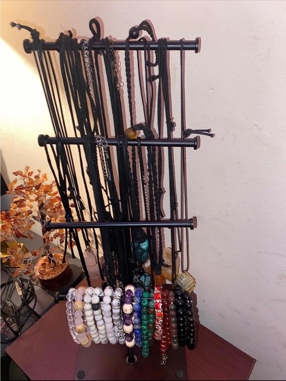🪷 Metal Jewelry Stand with Solid Wood Base -Tiered Organizer